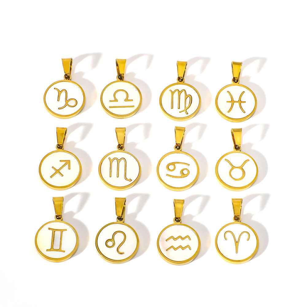 Wholesale  twelve constellation pendant inlaid natural white seashells stainless steel necklace