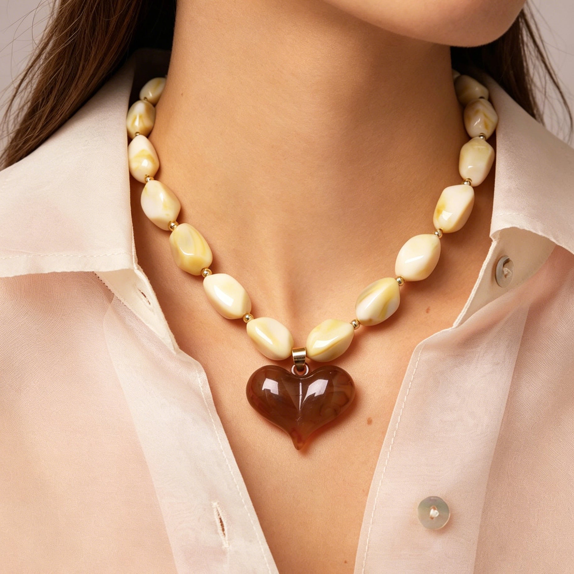 Wholesale Vacation Style Resin Heart Layered Beaded Necklace Boutique Resale