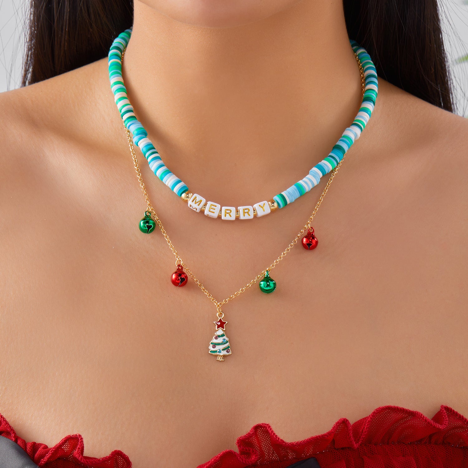 Wholesale Christmas Tree Snowflake Polymer Clay Double Layer Necklace