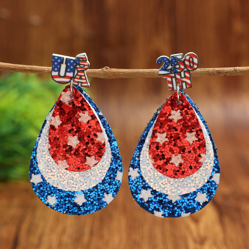 Wholesale Thre Layer Teardrop American Flag and Star Sequin Earrings