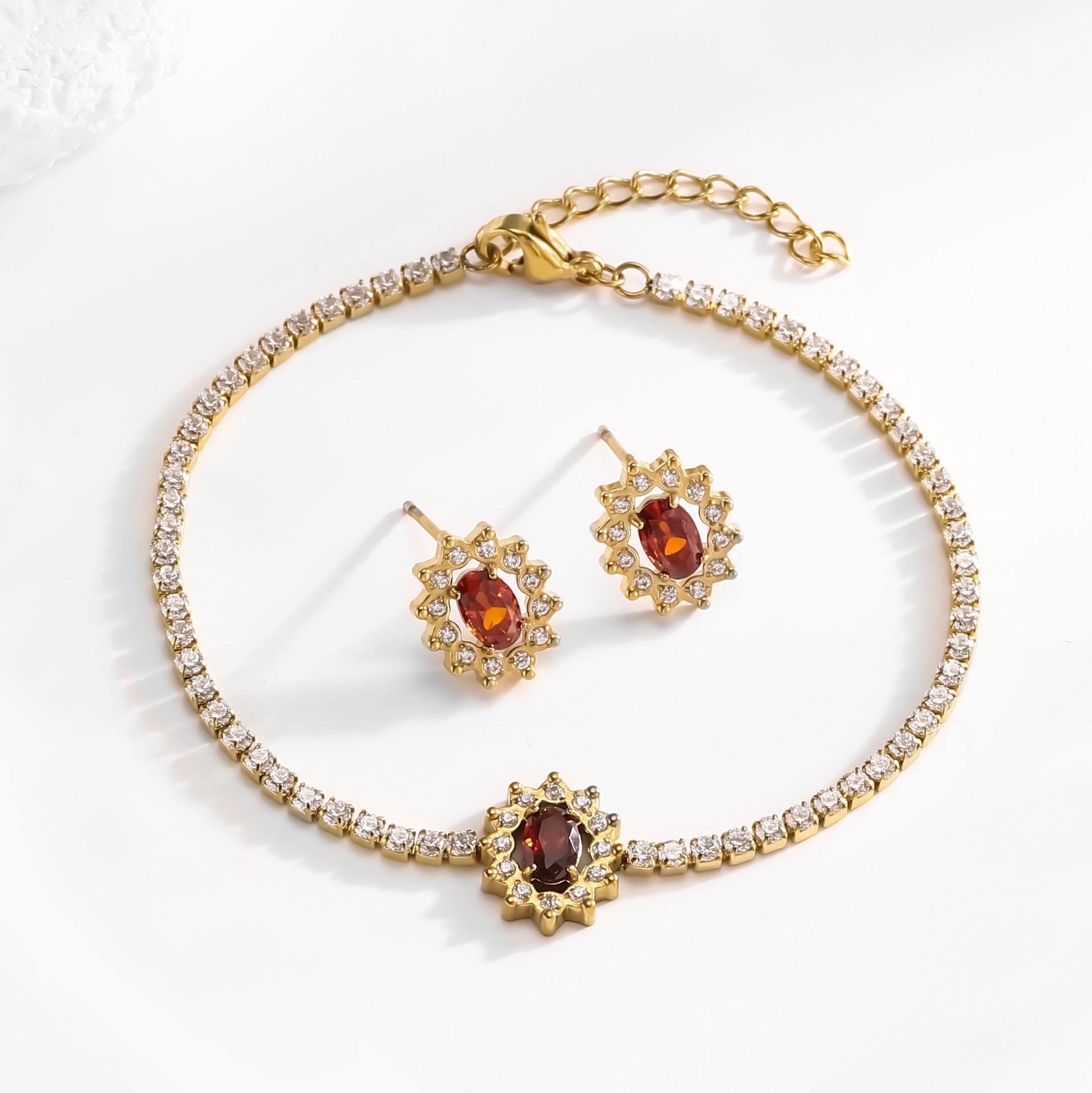 Wholesale vintage 18k titanium steel red zircon flower jewelry set