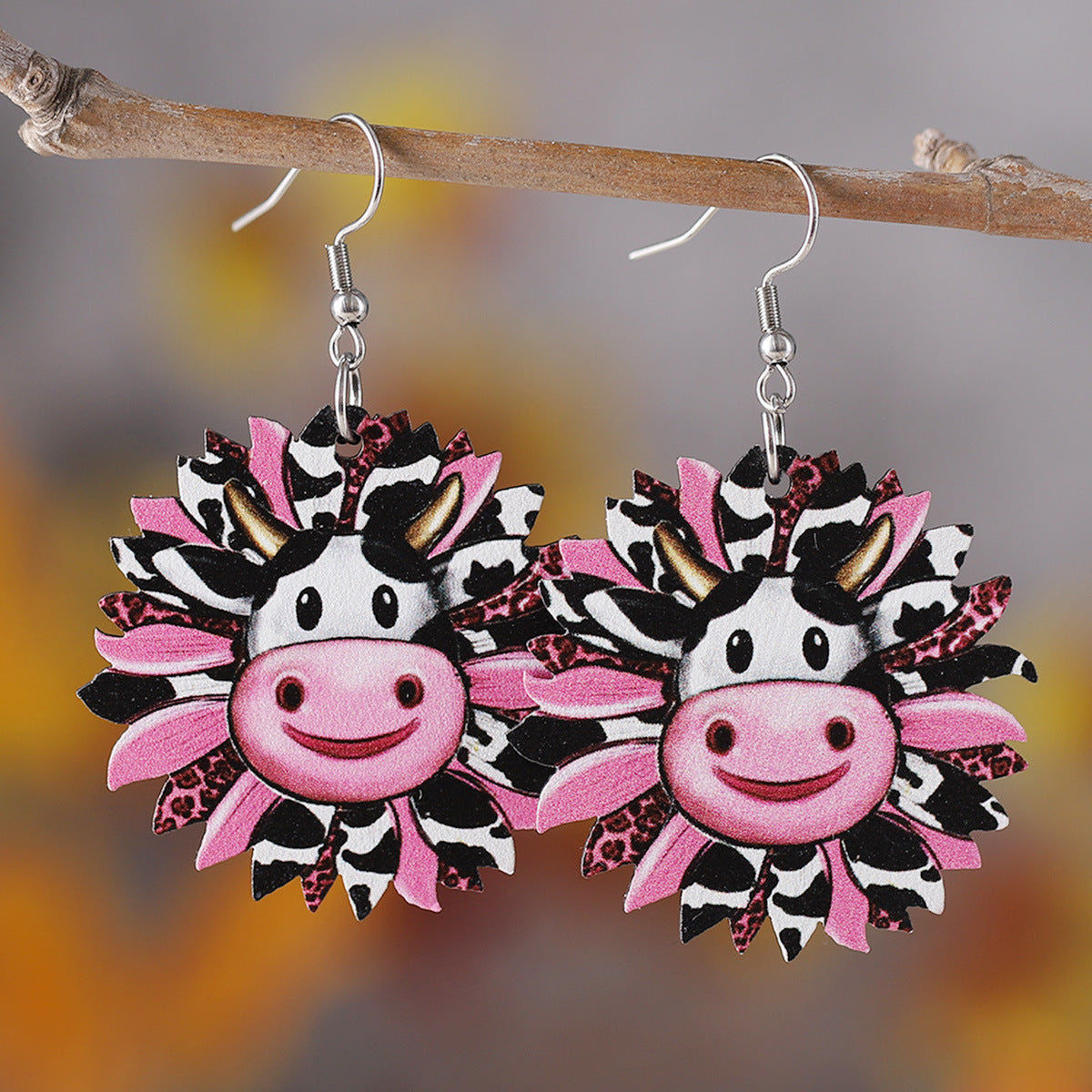 Wholesale Western Style Leopard Print Sunflower Cactus Wood Earrings ACC-ES-ChuLian087