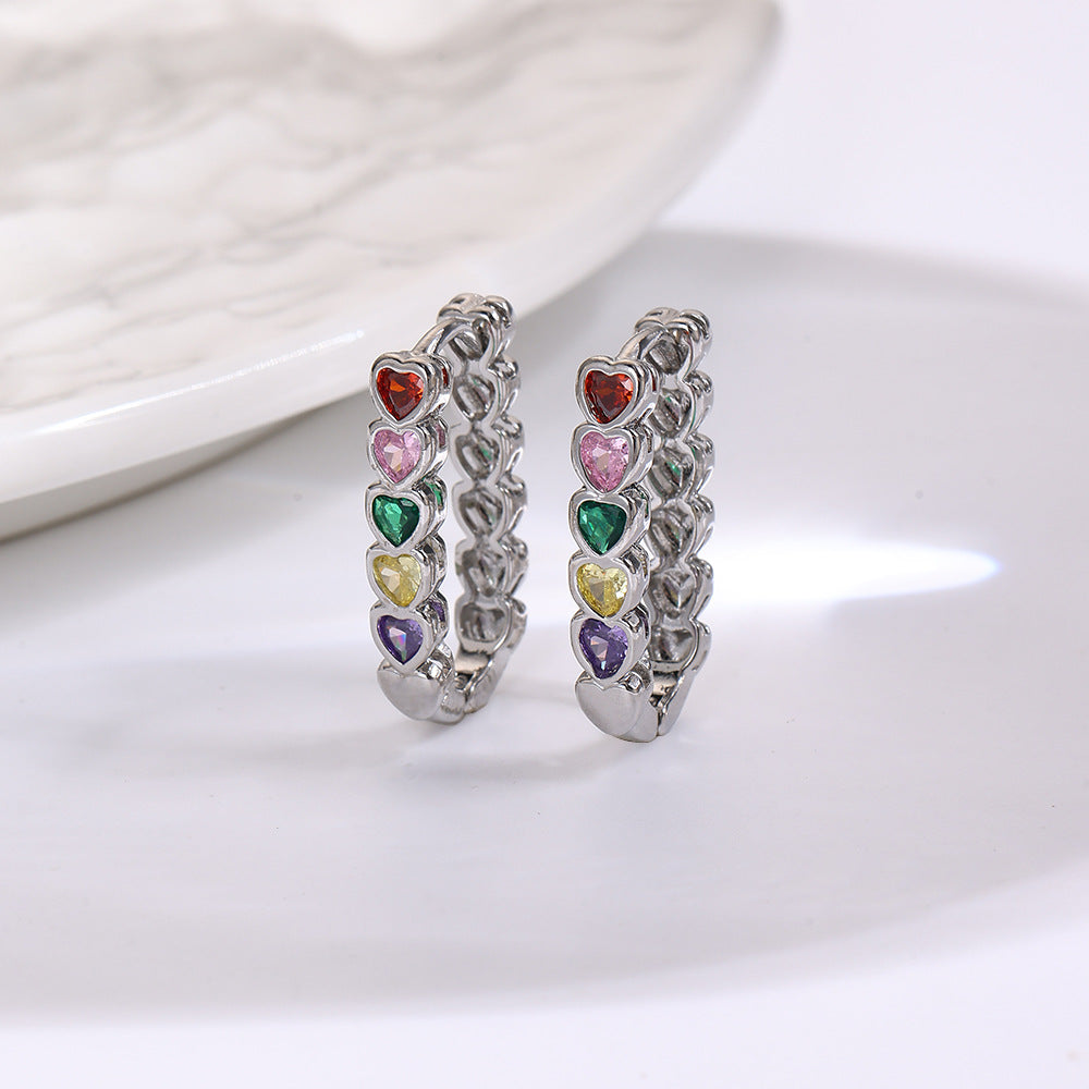 Wholesale Colorful Zircon Heart U-Shaped Earrings
