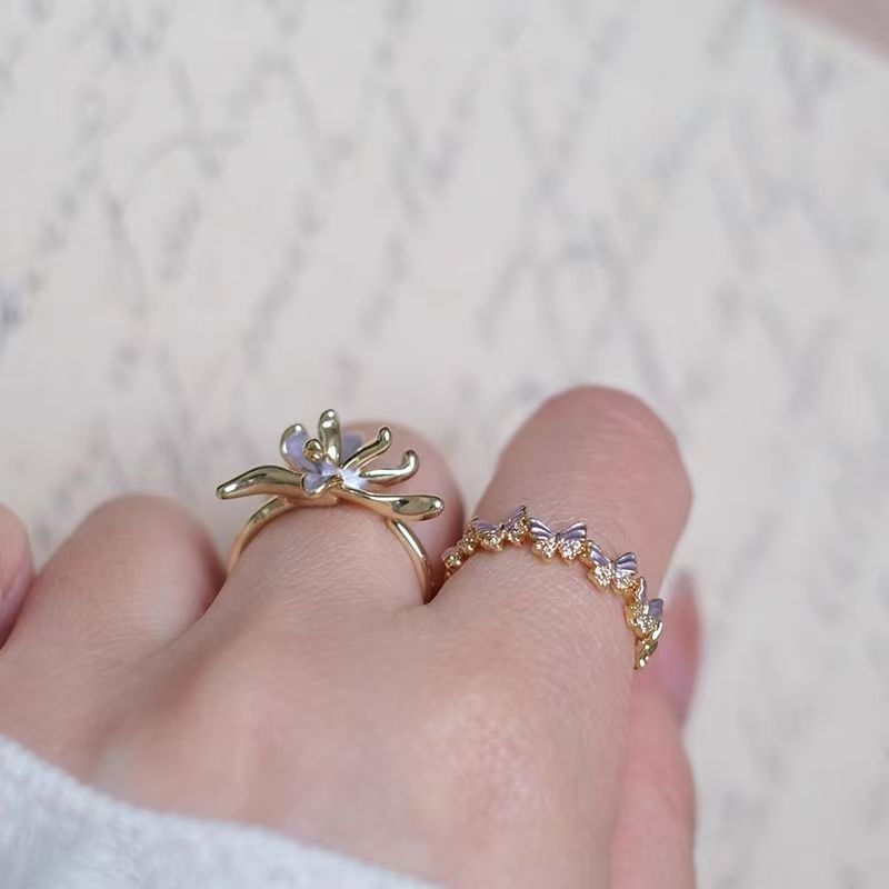 Wholesale Alloy Enamel Open Ring With Purple Iris Flower And Butterfly Women S Fashion Jewelry Accessory
