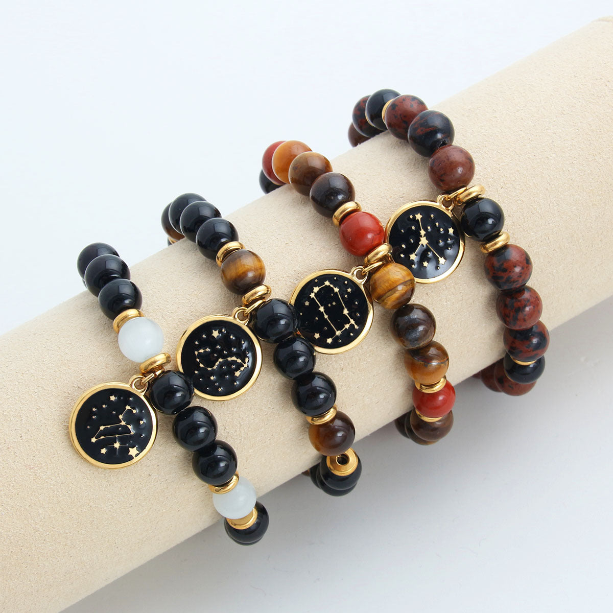 Wholesale 12 Constellations Round Stainless Steel Gold Plated Oil Dripping Natural Stone Beaded Bracelet ACC-BT-HongMing001