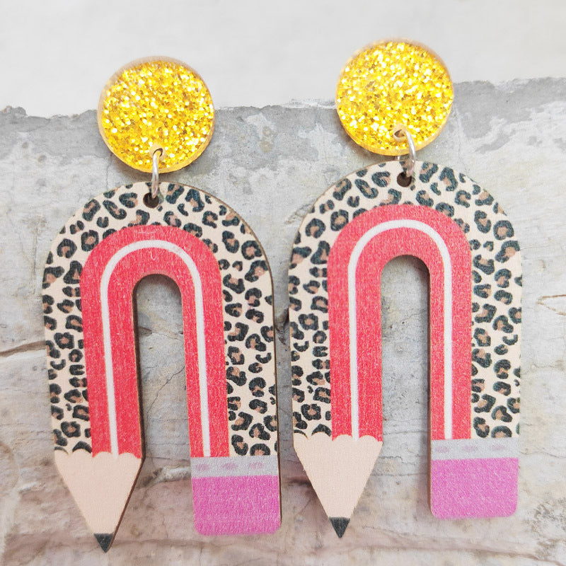 Wholesale 2 Pairs/pack Leopard Print Pencil Rainbow Wooden U-shaped Earrings Teacher's Day ACC-ES-HY028