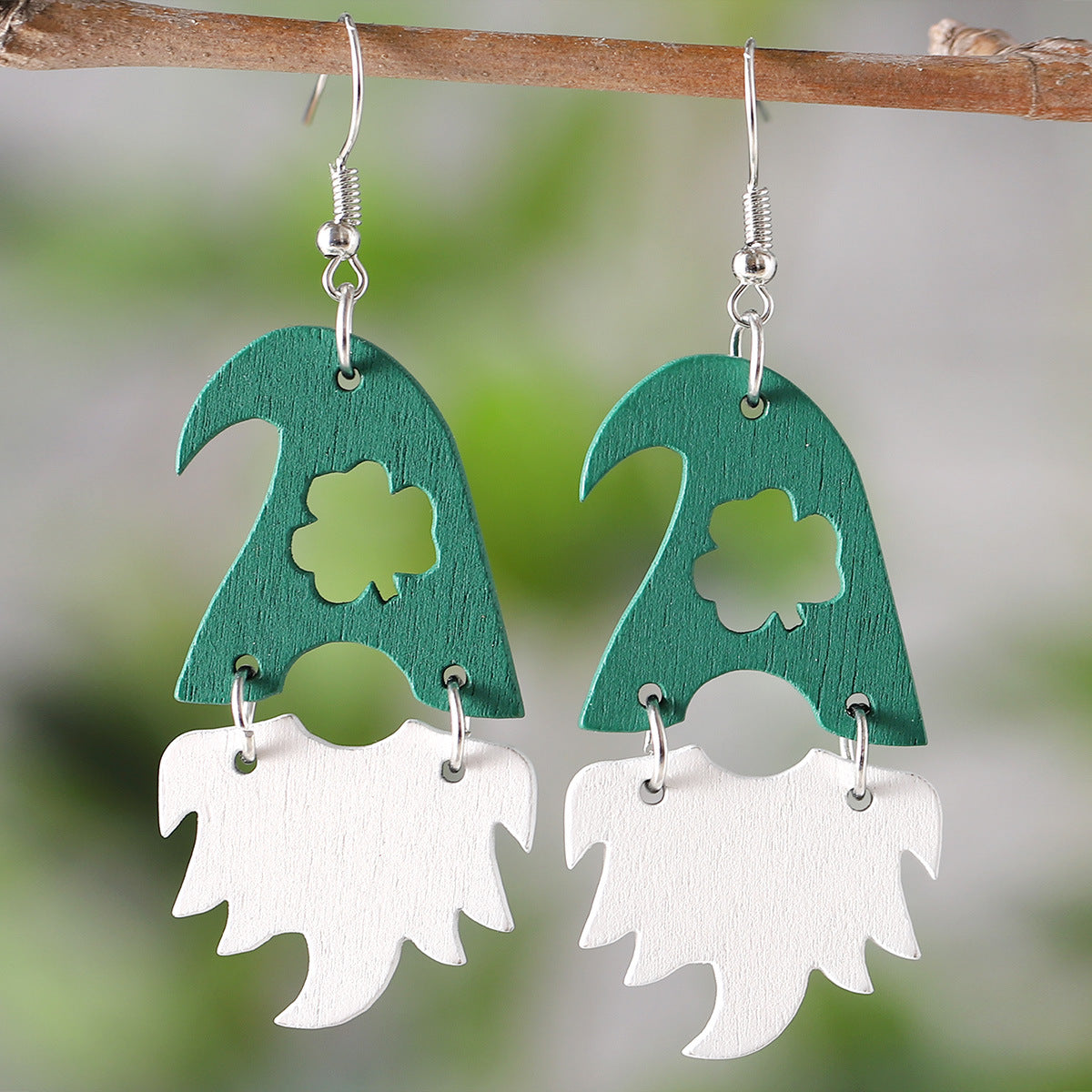 Wholesale St Patrick's Day green hat dwarf beard  LOVE wooden double-sided earrings