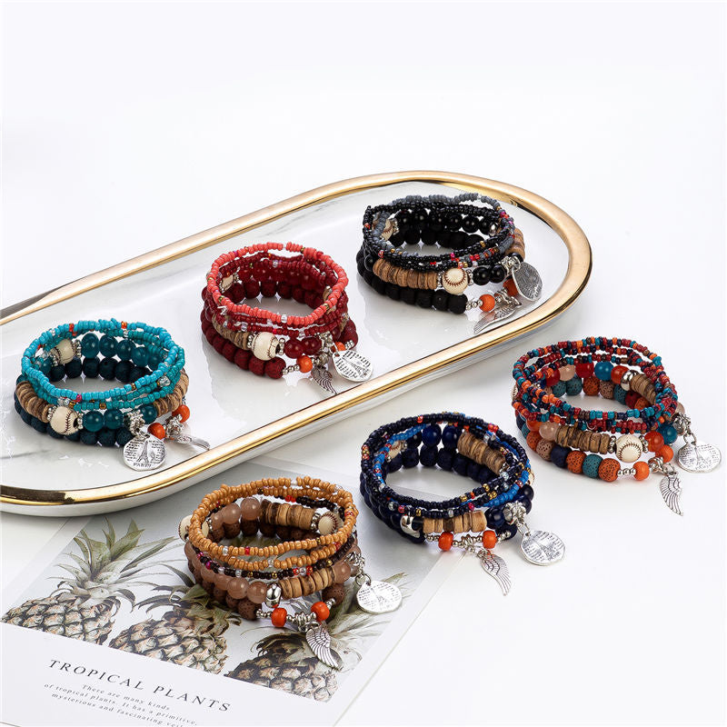 Wholesale colorful bohemian ethnic style multi-layer elastic rice beads bracelet