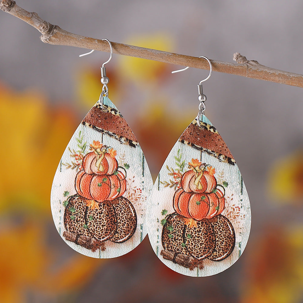 Wholesale Thanksgiving Leopard Plaid Pumpkin Drop Pendant Earrings