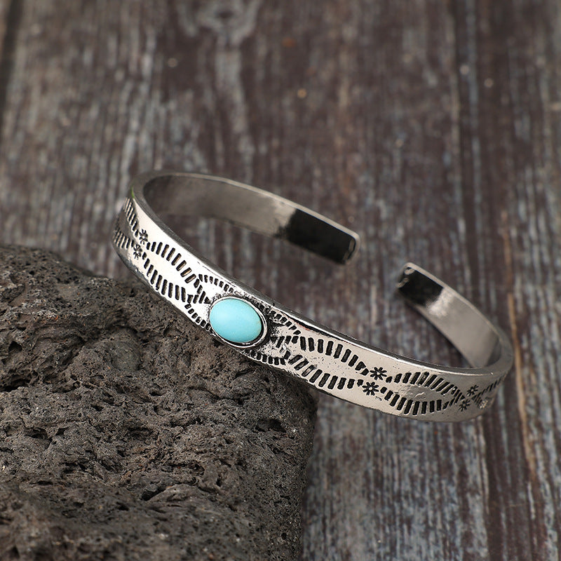 Wholesale Vintage Bohemian Turquoise Bangle Bracelet Antique Silver Tone Alloy Electroplated Jewelry Accessory