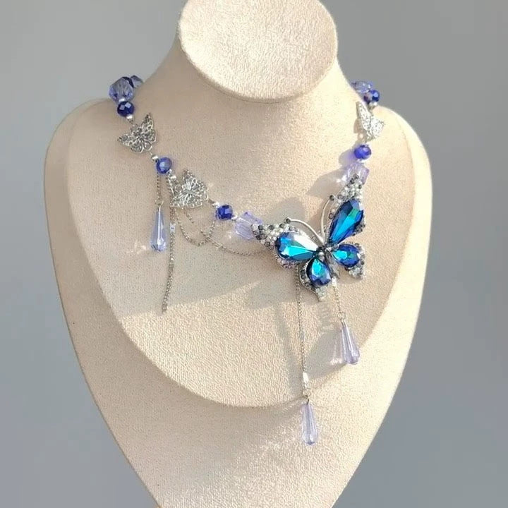 Wholesale Blue Diamond Butterfly Water Drops Tassel Necklace