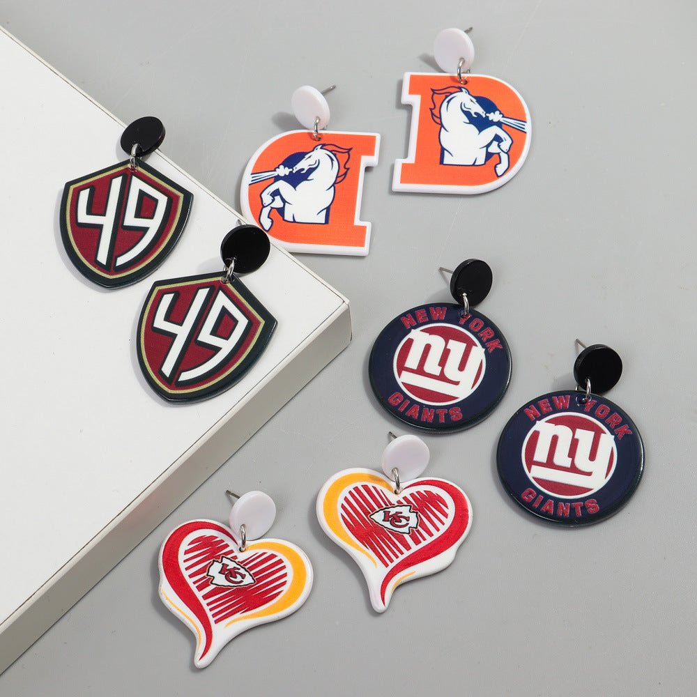 Wholesale Foreign Trade Cross-border European and American Football League Exaggerated Earrings Distinctive Sweet Cool Style Acrylic Printed Earrings Earrings