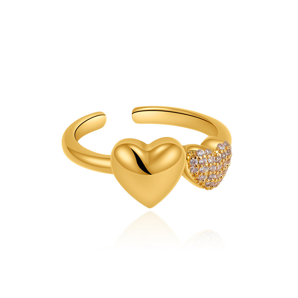 Wholesale  18K Gold Inlaid Zircon Love Ring Star Moon Tail Ring Double Heart-shaped Open Ring