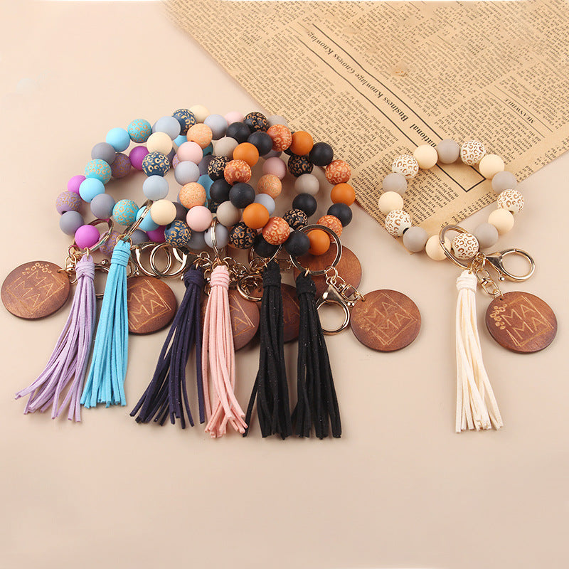 Wholesale Mother's Day MAMA Leopard Print Silicone Beaded Wrist Keychain Wristlet Keychain ACC-KC-GuangTian045