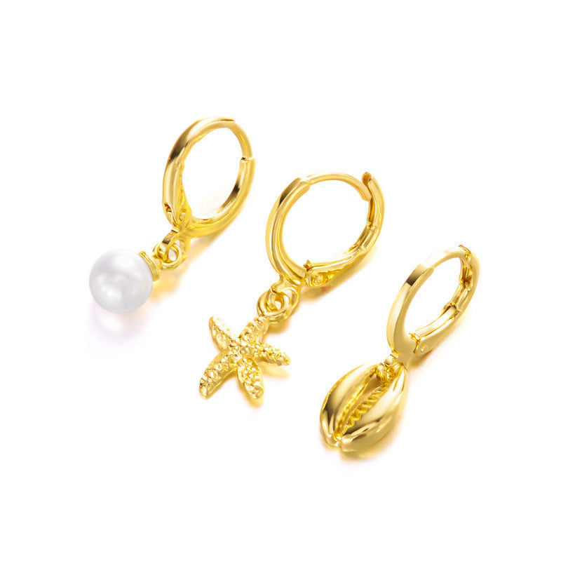 Wholesale  starfish shell pearl ear buckle 3-piece set earrings
