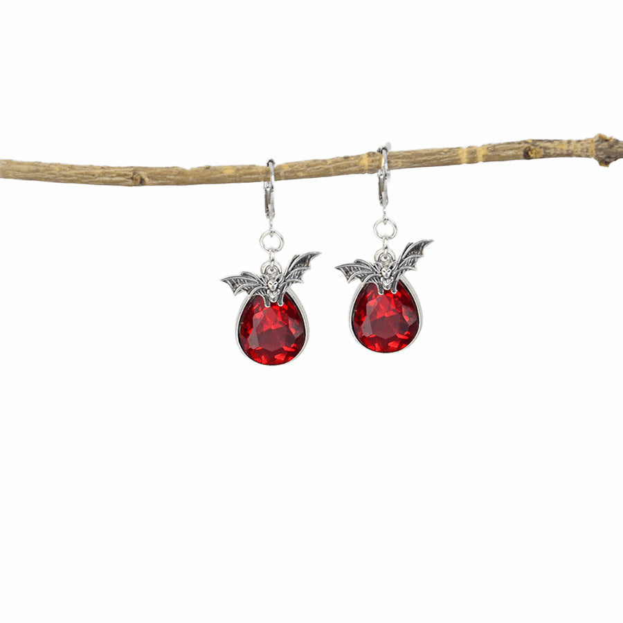 Wholesale Gothic Bat Earrings Red Black Gemstone Drop Pendant  Party Jewelry Accessory Gift