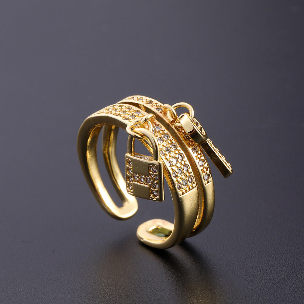 Wholesale European Fashion Sparkling Gold Plated Copper Zircon Open Ring Geometric Chic Jewelry Accessory Gift
