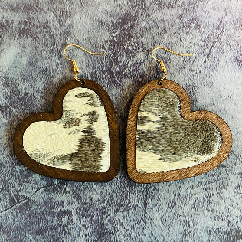 Wholesale  Leather  Love Leopard Horse Hair Inlaid Wooden Earrings