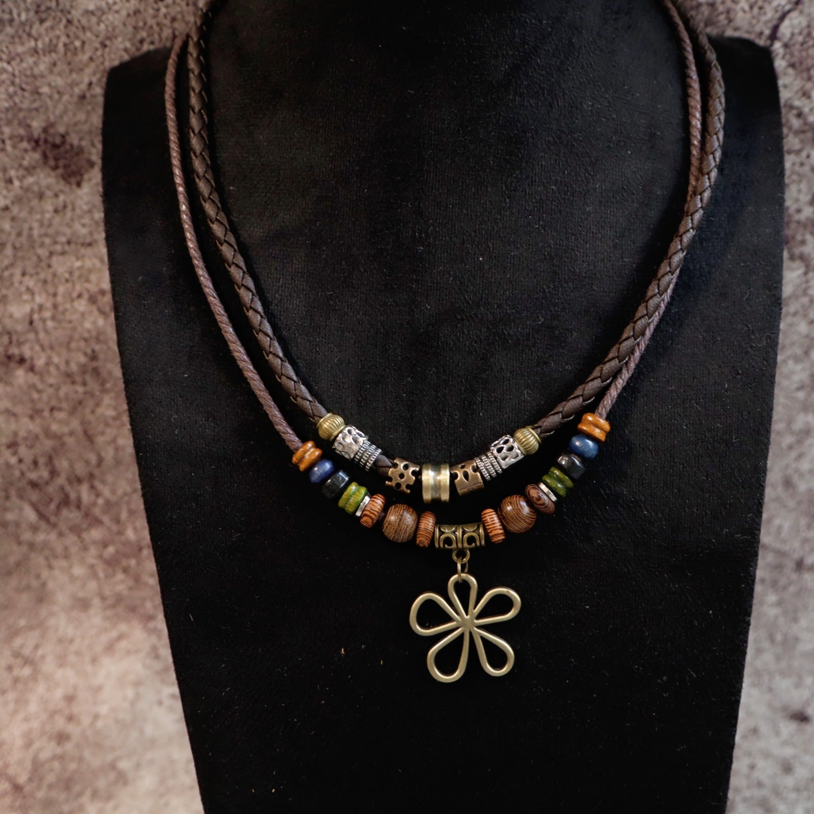 Wholesale Handmade Leather Layered Wood Bead Necklace With Turquoise Pendant Vintage Retro Unisex Fashion Jewelry Gift