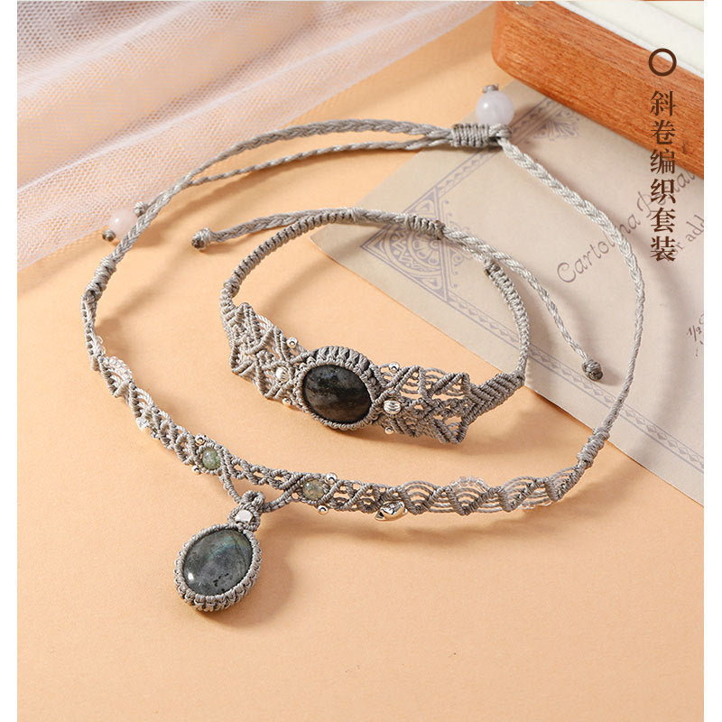 Wholesale Handmade Labradorite Stone Wrap Bracelet Necklace Set Anniversary Gift Jewelry Accessory