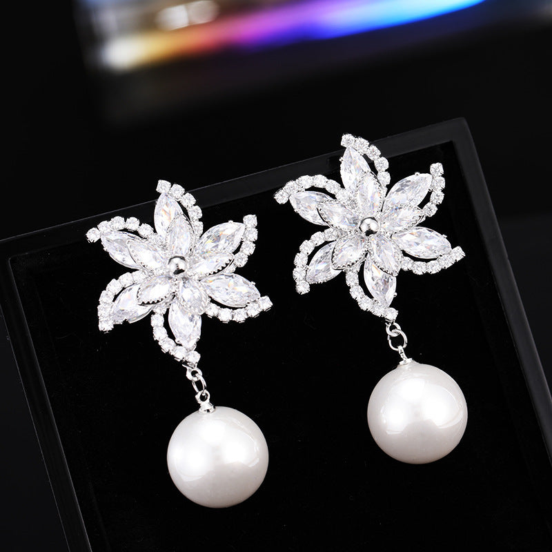 Wholesale Flower Earrings Super Flash Zircon Windmill Pearl Earrings