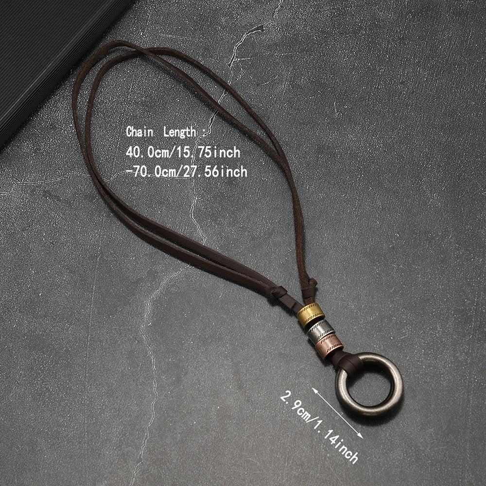 Wholesale Vintage Distressed Tricolor Round Pendant Necklace Black Adjustable Cord Unisex Sweater Chain Jewelry Accessory