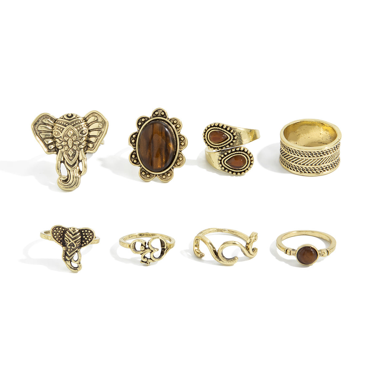 Wholesale  Elephant Pattern Buddha Hand Gemstone  Vintage Distressed Oil-Drip Rings