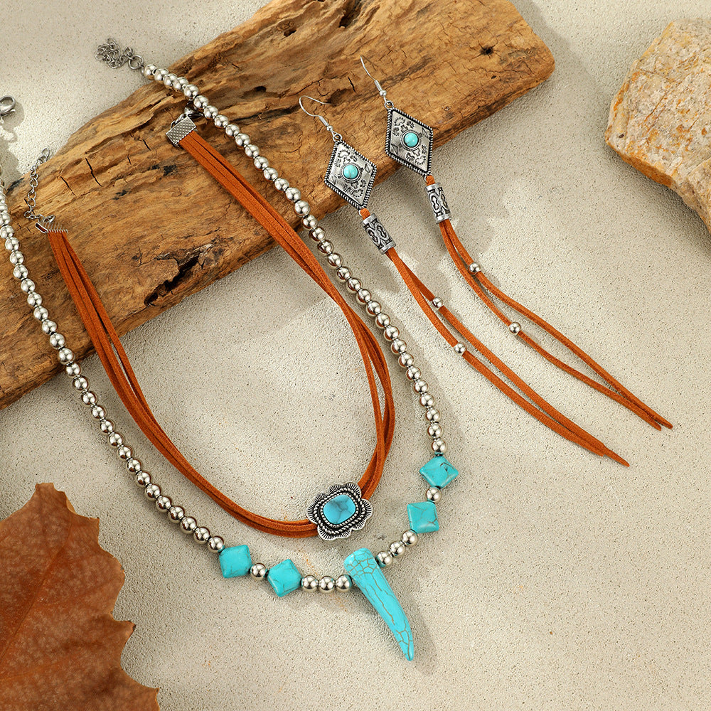 Wholesale Vintage Western Cowboy Cactus Turquoise Earrings and Clavicle Necklace Set