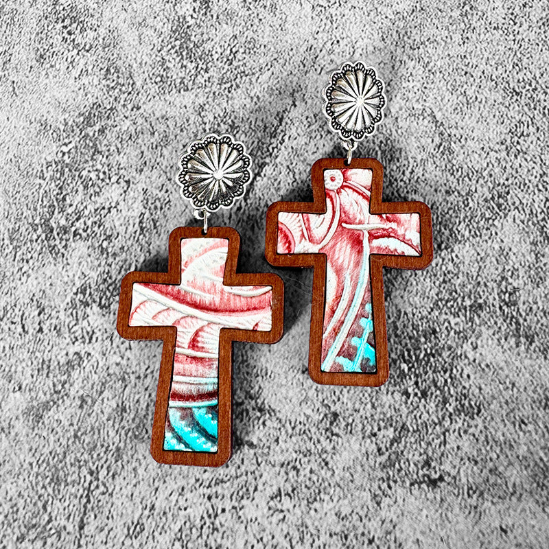 Wholesale Wooden and leather cross leopard print earrings