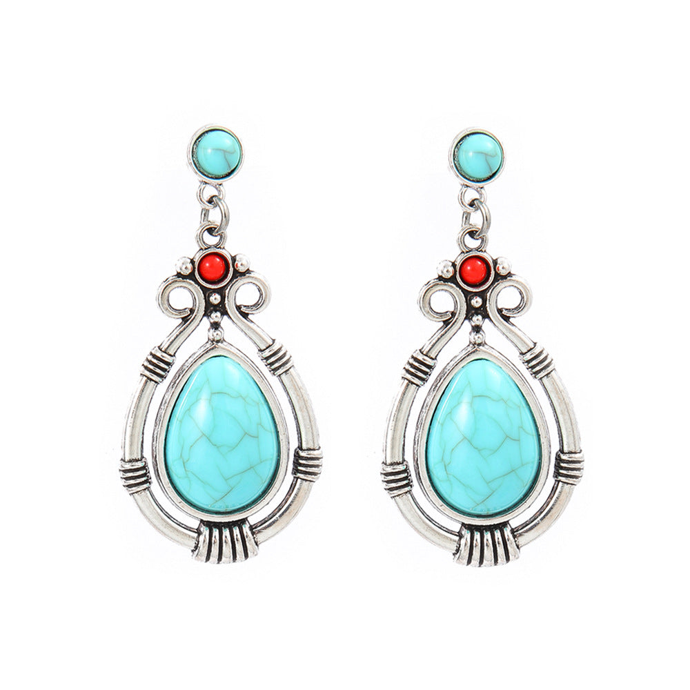 Wholesale Turquoise Geometric Tassel Earrings Antique Silver Retro Fashion Accessory for Everyday Wear or Gift
