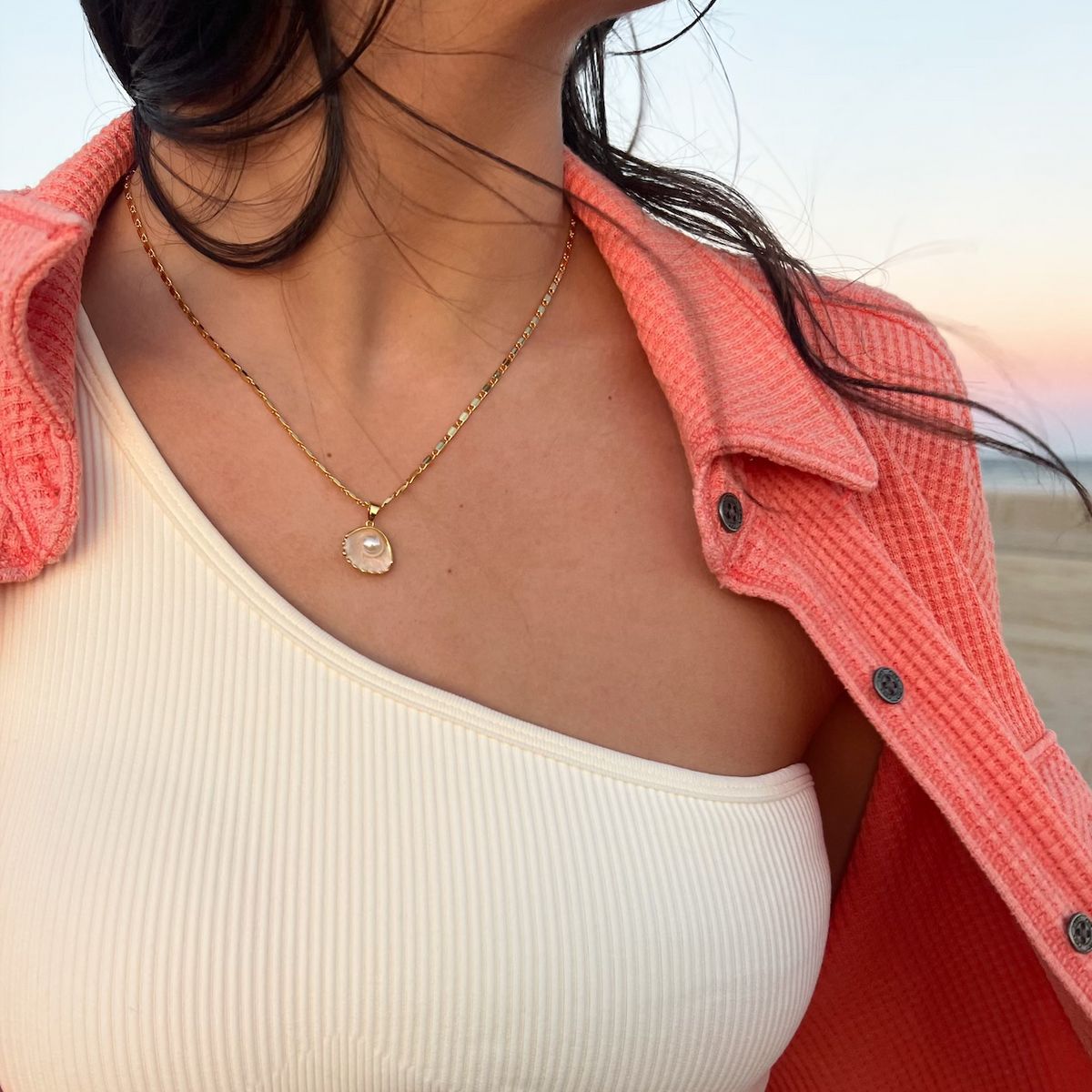 Wholesale Titanium Steel Small Flower Ocean Style Shell Starfish Pearl Necklace