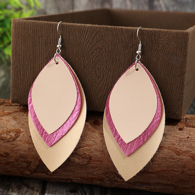 Wholesale Retro Geometric Multi-Layered Colorful Leather Leaf Earrings for Everyday Wear Jewelry Accessory