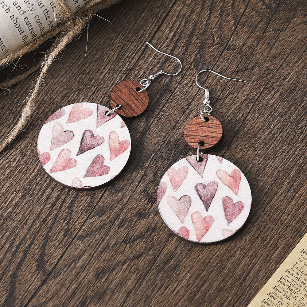 Wholesale Valentine's Day geometric bark pattern lovely double-sided wooden earrings