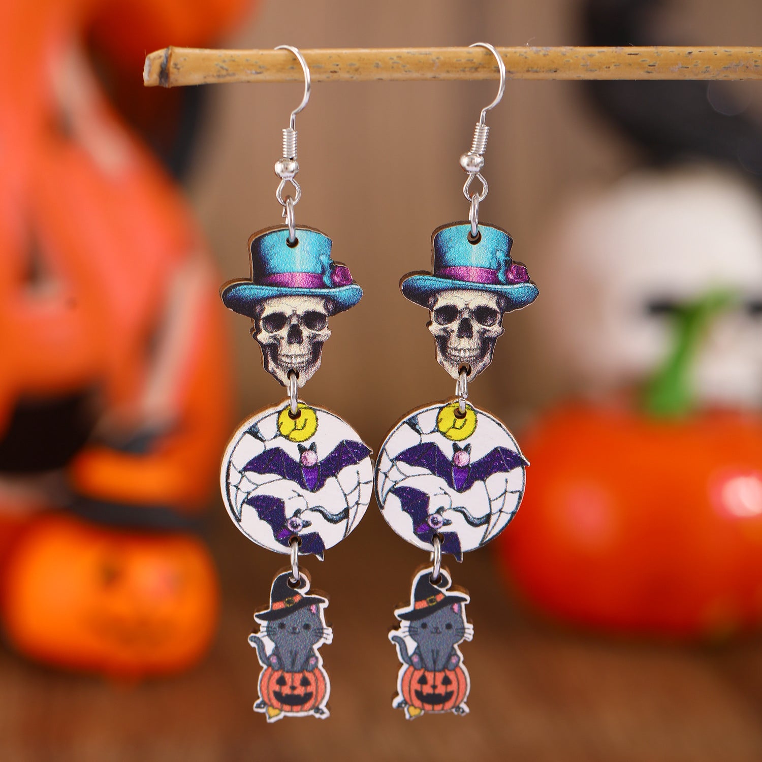 Wholesale  Pumpkin Skull Ghost Printed Wood Earrings Women' s Jewelry Accessory