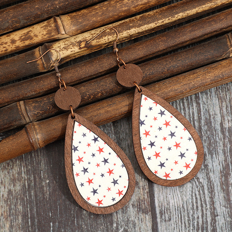 Wholesale American Independence Day teardrop-shaped five-pointed star vintage wooden earrings