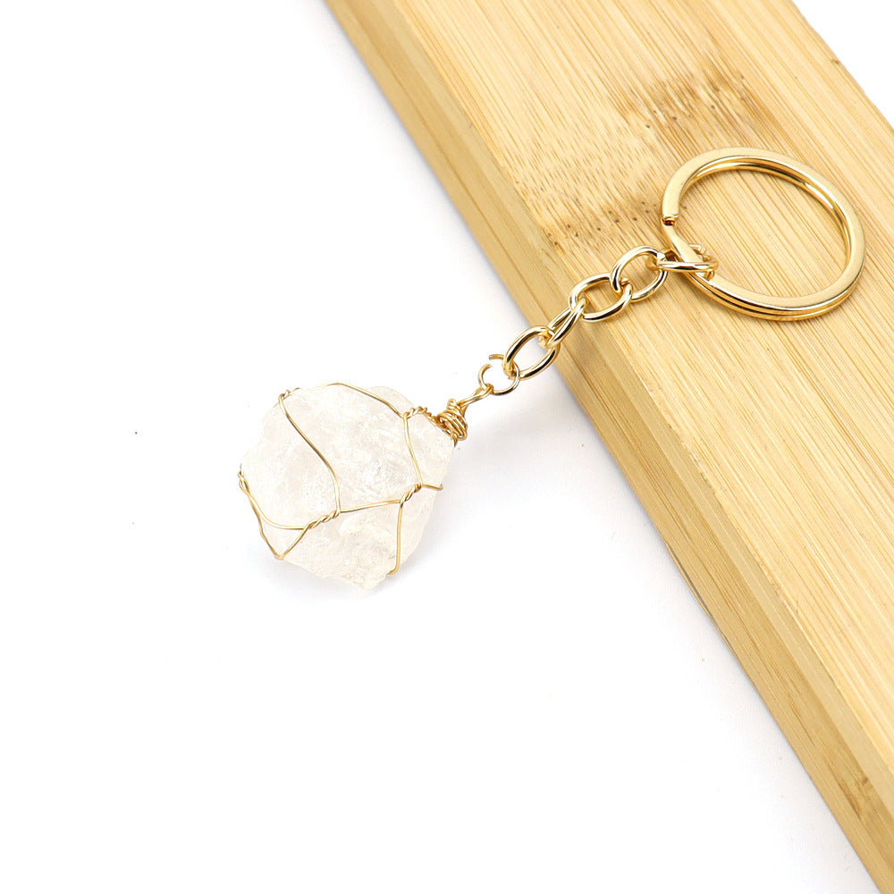 Wholesale Gold Wire Wound Natural Crystal Rough Stone Keychain ACC-KC-HanX006