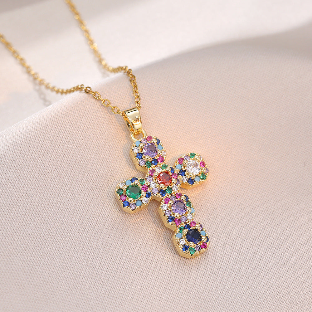 Wholesale Chic Colored Zircon Cross Pendant Necklace For Women Copper Fashion Accessory Everyday Gift