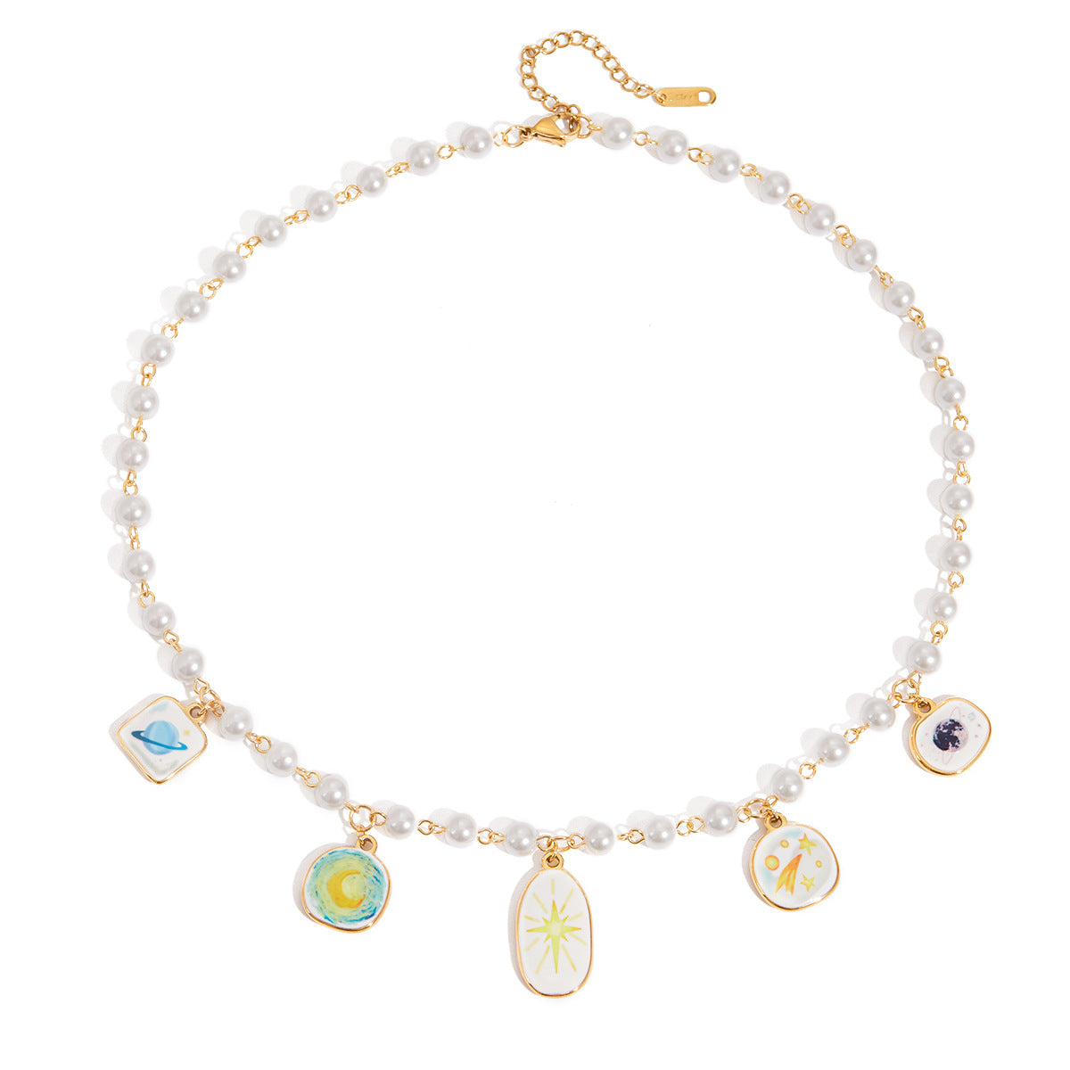 Wholesale 18K Gold Stainless Steel Oil Drop Print Glass Pearl Curved Needle Pendant Necklace