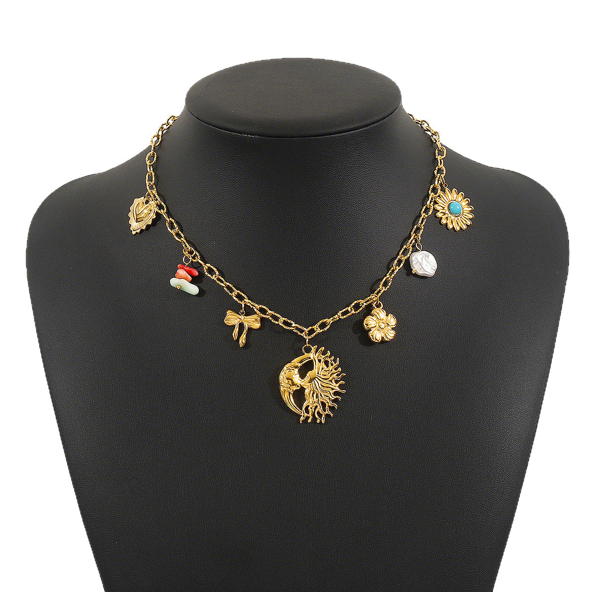 Wholesale  Stainless Steel Necklace Human Face Sun Star Moon Pendant Chain Retro 14K Gold Necklace for Women