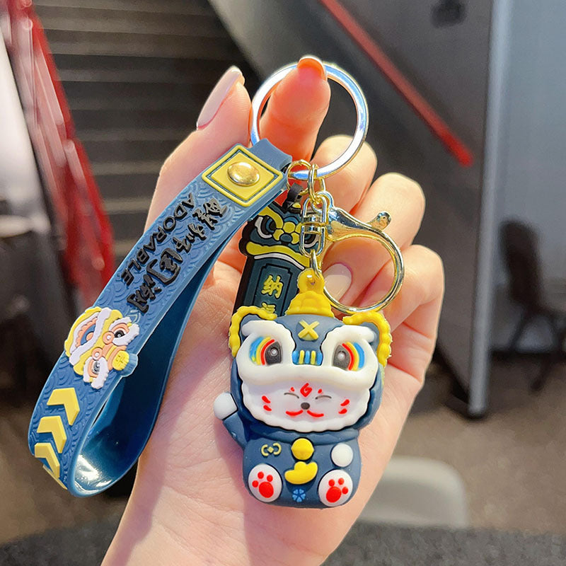 Wholesale Trendy Lion Dance Lucky Cat 3D PVC Keychain Cartoon Bag Car Hanging Ornament Decorative Gift Resale