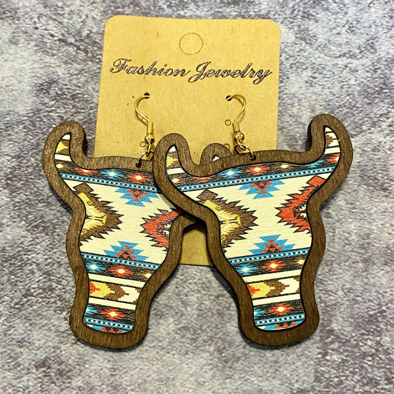 Wholesale Western Cowboy Earrings Aztec Pattern Flower Inlaid Fungus Pendant Earrings