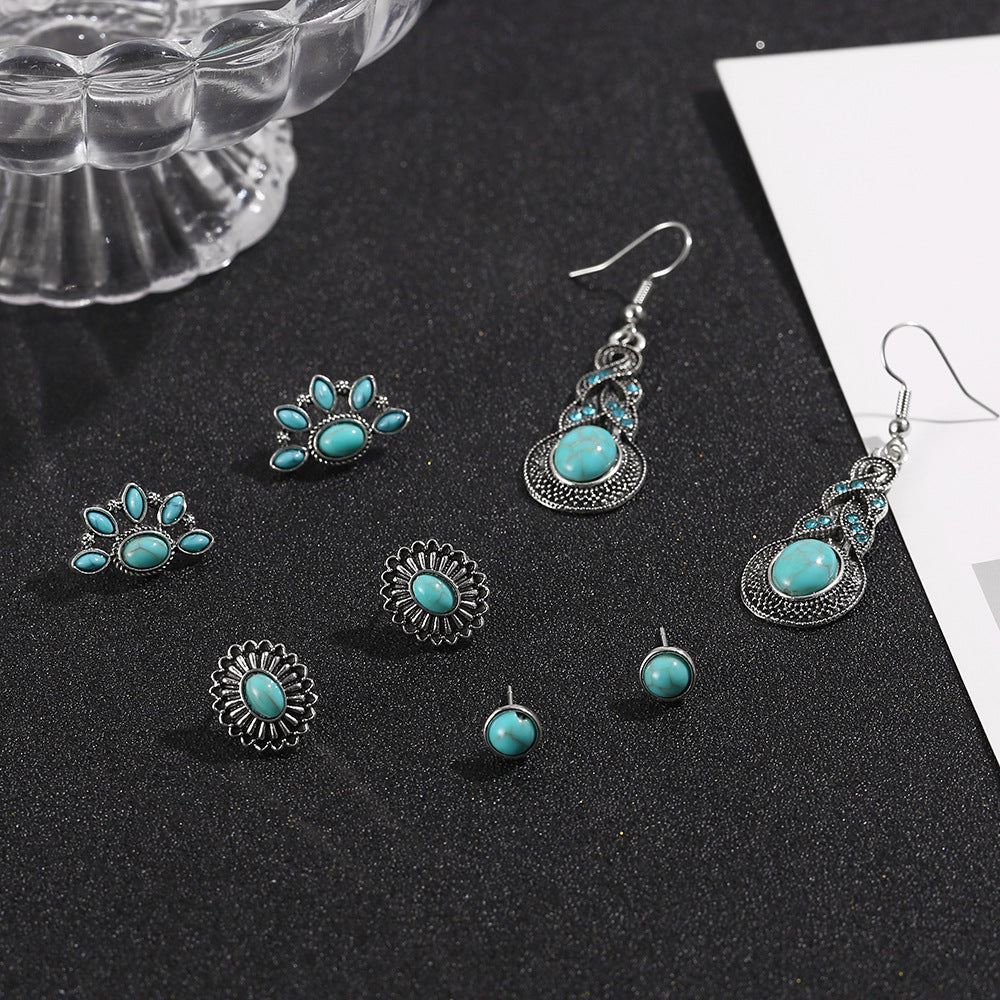 Wholesale Vintage Turquoise Earrings Set,  4 Pairs Alloy Electroplated Ear Studs &  Pendants,  Fashion Jewelry Accessory for Casual Daily Wear