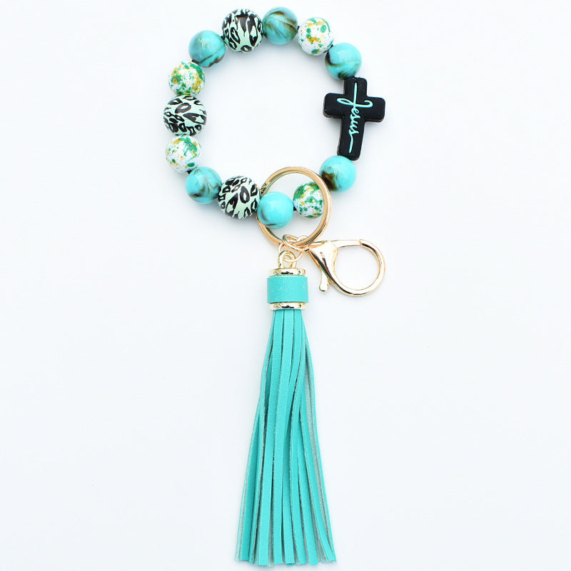 Wholesale Chic Leopard Print Silicone Bead Bracelet Keychain With Cross Tassel Stylish Bag Charm Or Everyday Wear