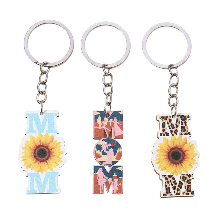Wholesale Sunflower MOM Mother's Day Leopard Wooden Keychain ACC-KC-RongR032
