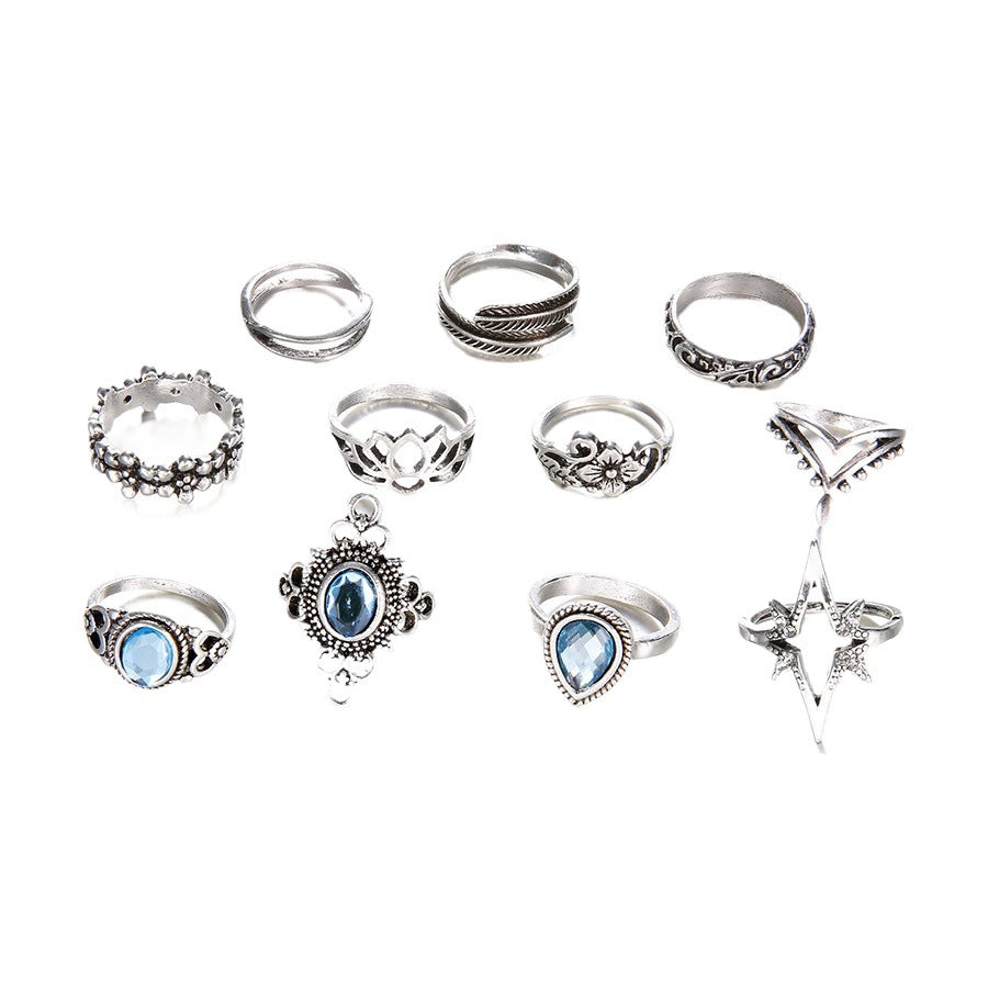 Wholesale Retro Style Diamond-Encrusted Carved 11-Piece Set of Ring Jewelry