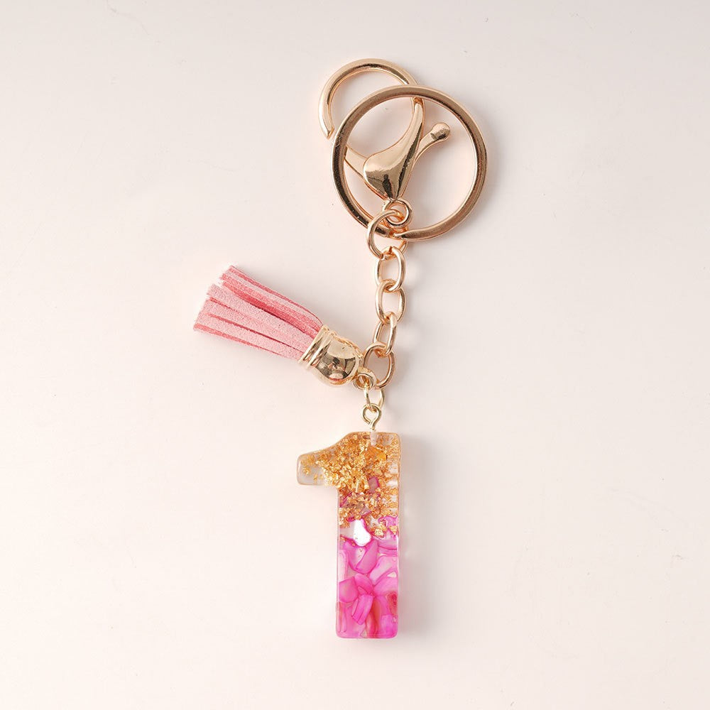 Wholesale  Resin Glue English Numbers Pink Tassel Rose Red Gold Foil Keychain
