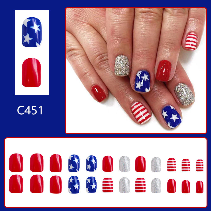 Wholesale 24 Pieces/box American Independence Day Glitter Powder Five-pointed Star Manicure Press-on Nails Kits Nail Stickers ACC-NS-GuaiXL033