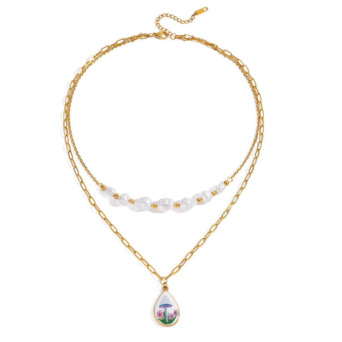 Wholesale 18K Gold Stainless Steel Pearl Double-Layer Necklace