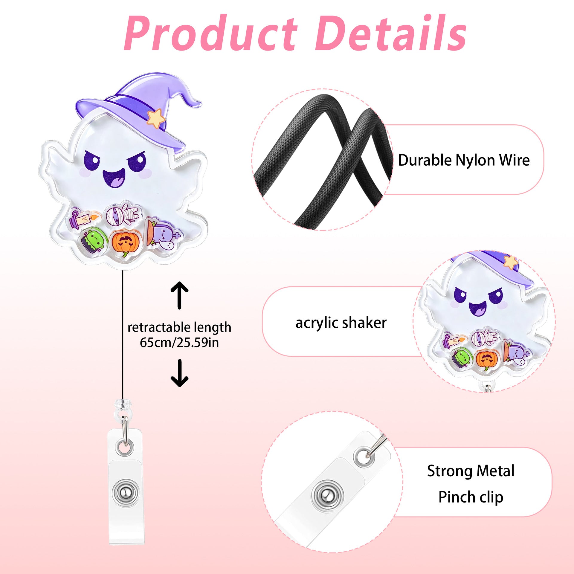 Wholesale Shake-Shake  Acrylic Ghost Pumpkin Easy-Pull Buckle Cute Telescopic ID Holder Decompression Decoration Badge Holder