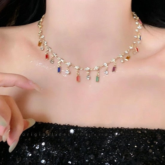 Wholesale Colorful Zircon Saturn Necklace for Women,  Dopamine Stacking Collarbone Chain,  High-End Neck Chain for Summer